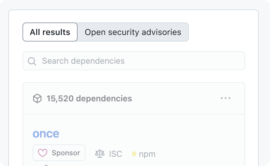 A screenshot of the GitHub organization insights page with the SegmentedControl for filtering highlighted. The options are 'All results' and 'Open security advisories'. 
