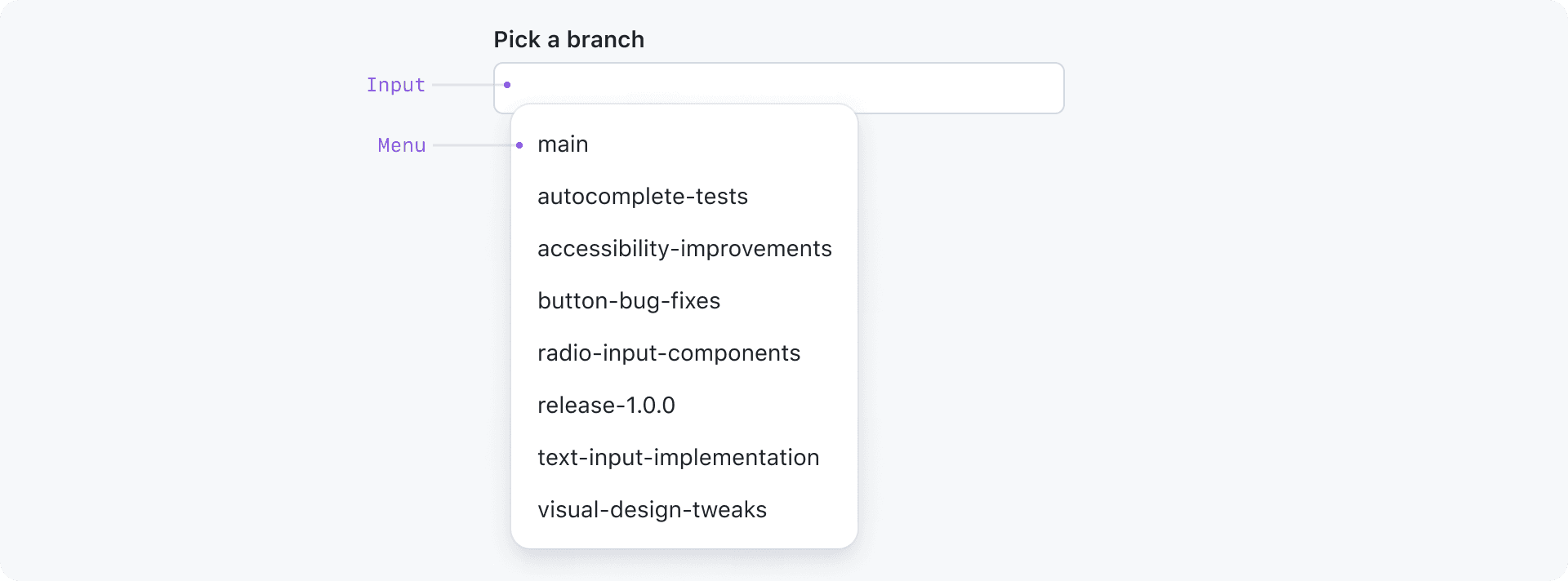 autocomplete component diagram with an input label stating pick a branch, empty focused input field with a search icon and clear button, and an Overlay menu listing search options