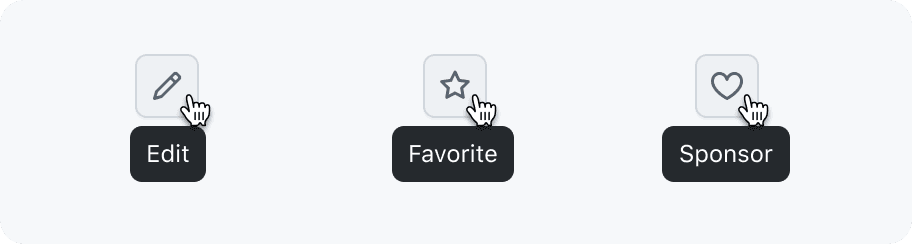 IconButtons with Tooltips for edit, favorite, and sponsor