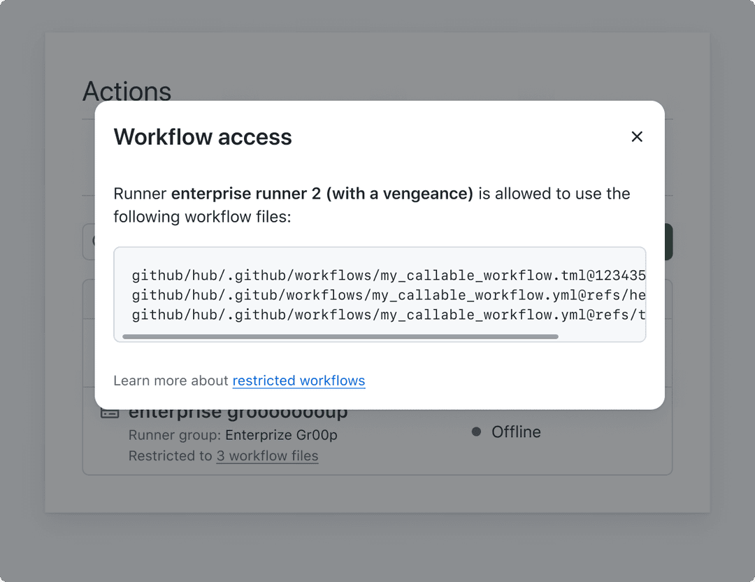 Screenshot of GitHub Actions page with a modal that conveys workflow file information about a runner