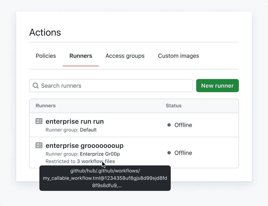 Screenshot of GitHub Actions page using a Tooltip on a static element to convey long workflow file information