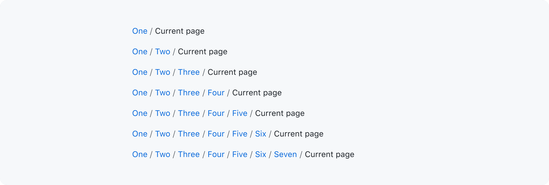 An image showing various breadcrumbs with different numbers of items in the breadcrumb chain