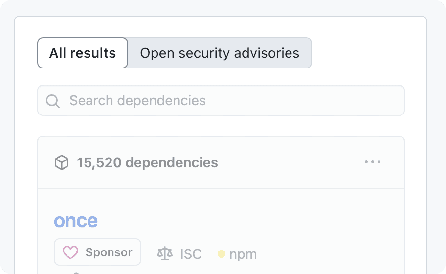 A screenshot of the GitHub organization insights page with the SegmentedControl for filtering highlighted. The options are 'All results' and 'Open security advisories'. 