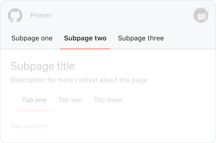 A page with three top-level tabs. Then, a placeholder heading and description followed by more tabs to separate subpage content. Top-level tabs are highlighted.