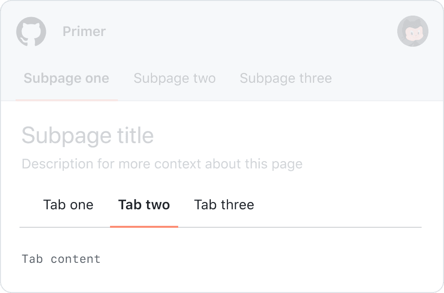 A page with three top-level tabs. Then, a placeholder heading and description followed by more tabs to separate subpage content. Top-level tabs are highlighted.