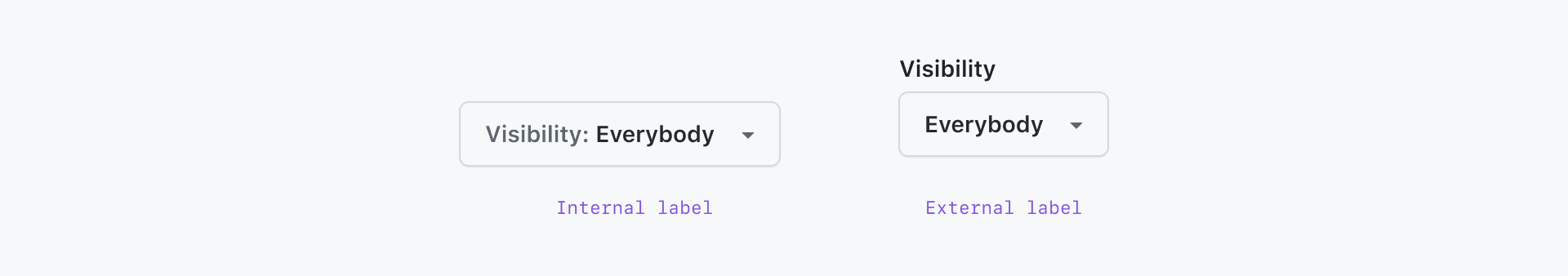 Two examples of dropdown buttons are shown. The left one has a label 'Visibility: Everybody' and is marked as 'Internal label'. The right one has an external label 'Visibility' above the Button and a internal label 'Everybody', and is marked as 'External Label'.